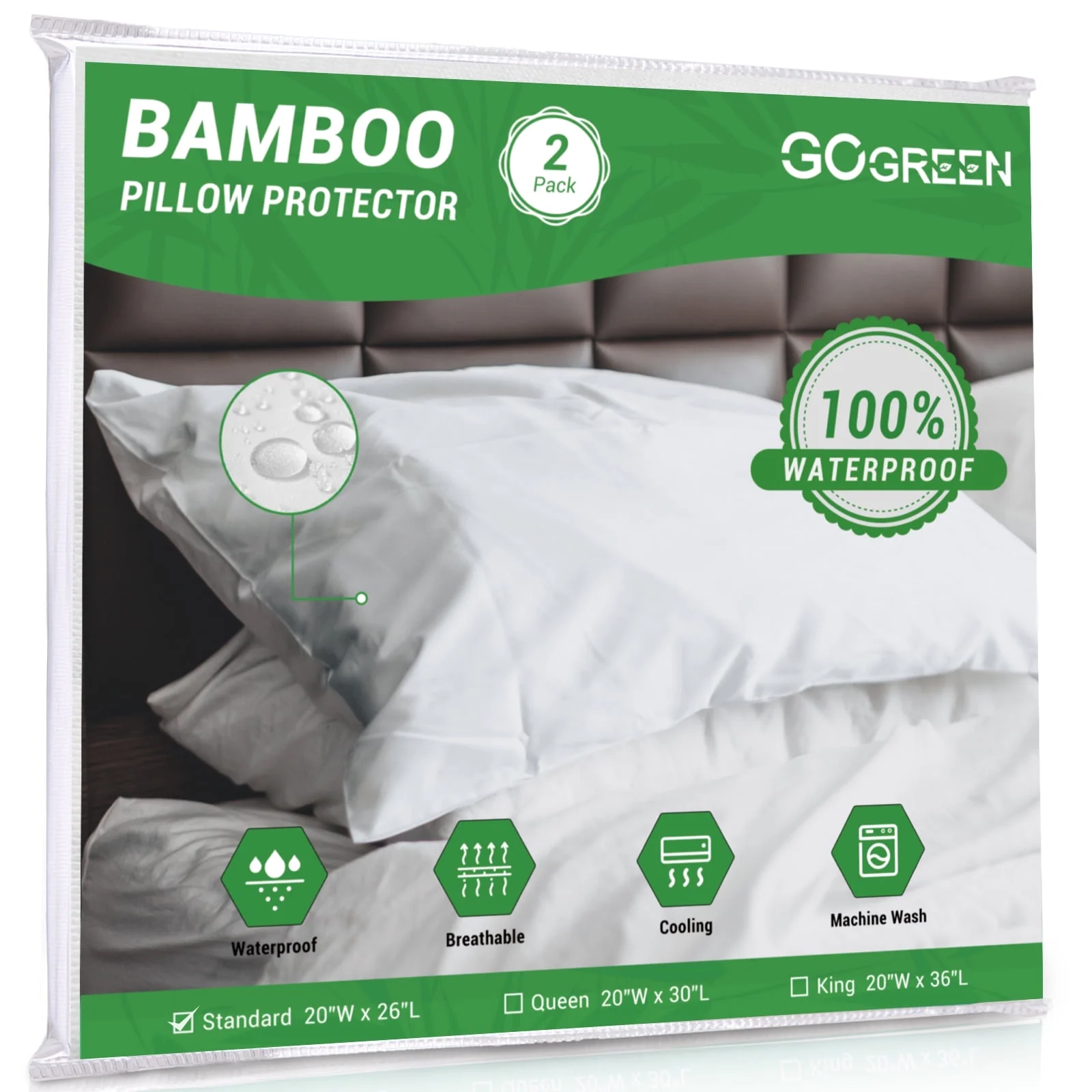 GOGREEN Waterproof Pillow Protectors with Zipper Standard Size
