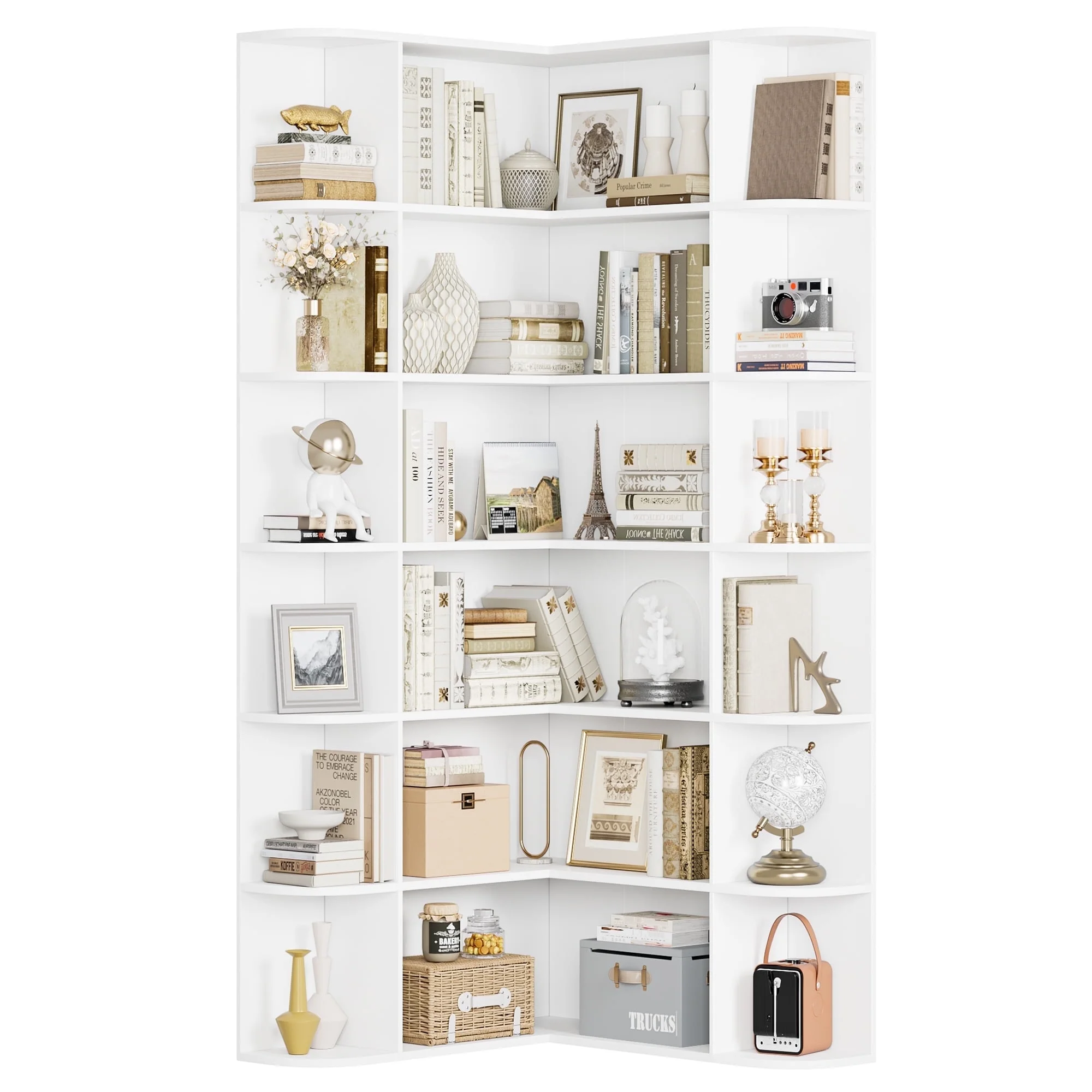 Tall Corner Bookcase, 6 Tier L-Shaped Large Display Bookshelf with Curved Edges for Living Room Home Office Study